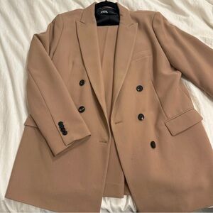 Zara Women's Tan Double-Breasted Blazer and Pants Suit